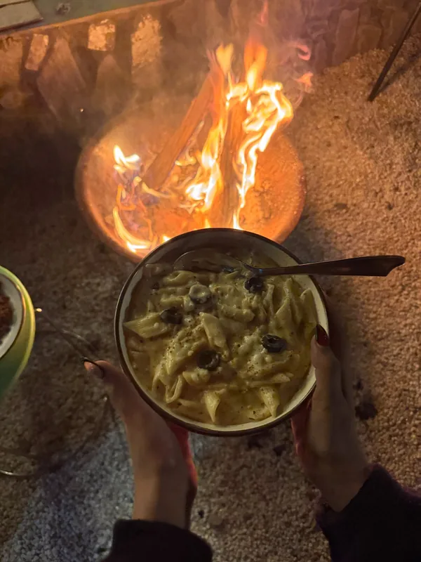 Pasta by bonfire at Mukshwaa glamping resort